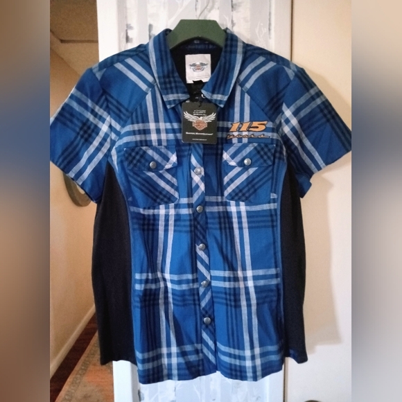 Harley-Davidson Tops - Harley-Davidson's 115th Anniversary Blue Plaid Women's Short-Sleeve Shirt XL NWT